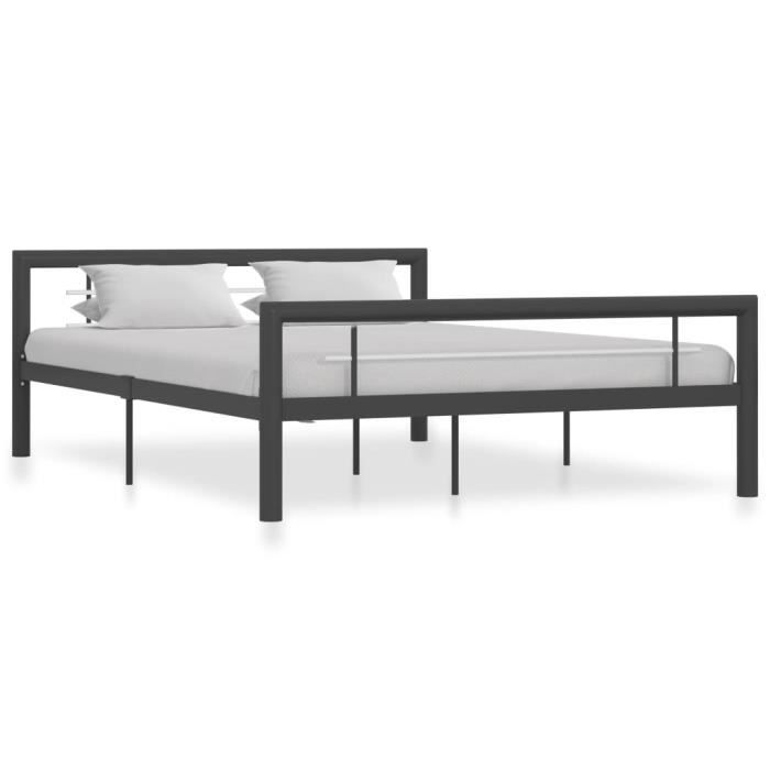 cadre de lit double 2 places jili - gris et blanc - métal 160x200 cm