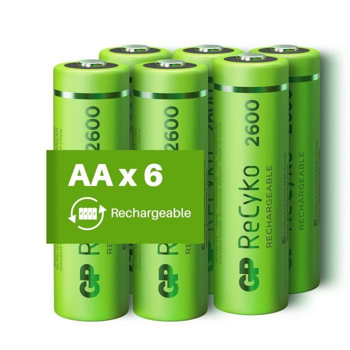 Piles Rechargeables AA - Lot de 6 Piles | GP Recyko | Batteries AA LR6 Rechargeables 2600 mAh NiMH | Pré-Chargées et Haute capacité