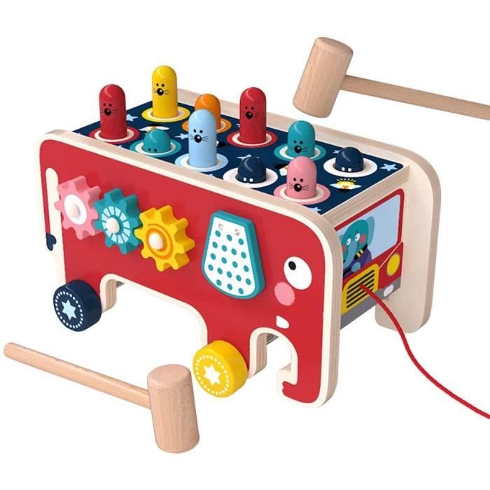 Jouet en Bois - Marteau et Banc de Pilonnage - 2 Maillets - 4 Jeux Inclus - Éléphant