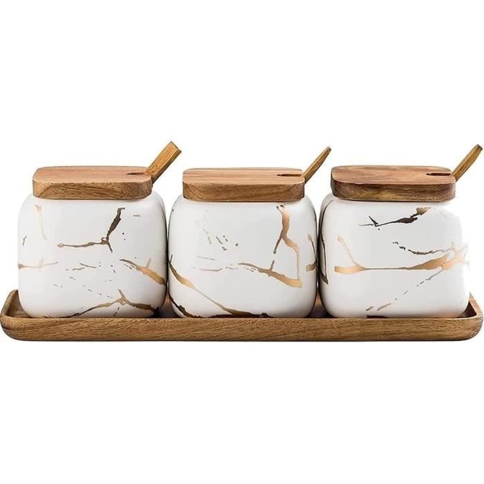 magicvogel lot 3 pots à épices céramique couvercle marbre support bois (blanc)
