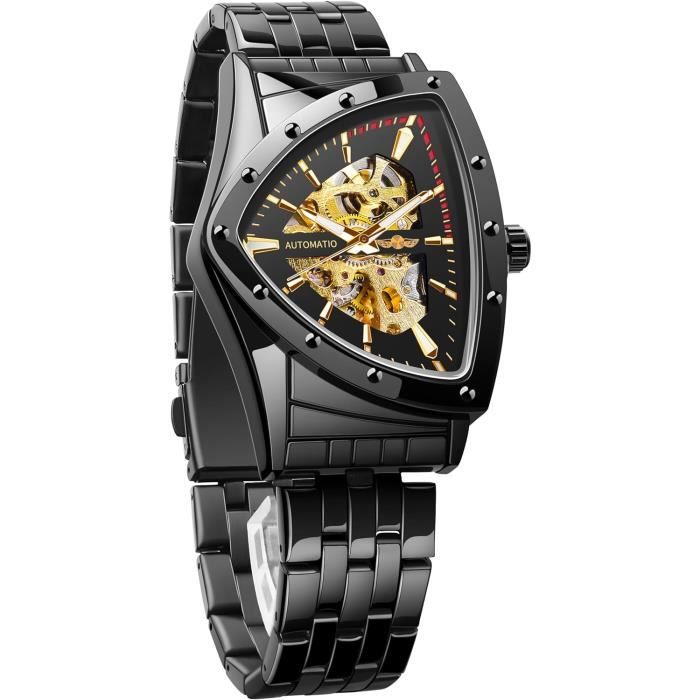 Montre Squelette Automatique Pour Homme – Cadran Triangulaire Noir Et Jaune – Mécanique Chinoise, étanche 30m