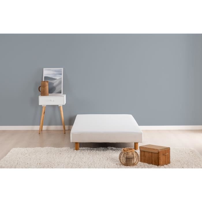 Sommier tapissier à lattes 90 x 200 - Bois massif blanc + pieds - DEKO DREAM Rakenne