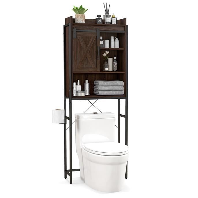 giantex meuble dessus toilettes wc,colonne salle de bain avec porte coulissante+3 étagères,meuble salle de bain,64x24x172cm,brun
