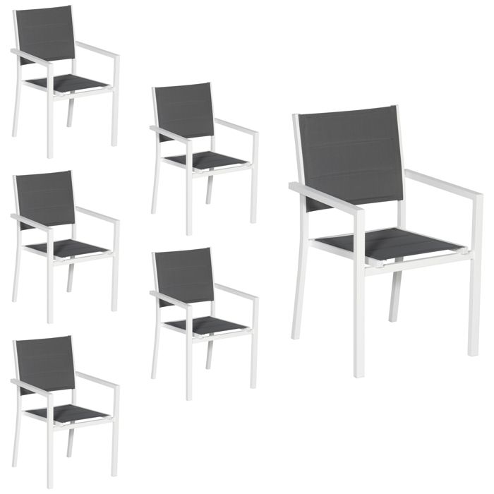 Lot de 6 chaises rembourrées en aluminium blanc - textilène gris Lot de 6 chaises rembourrées en aluminium blanc - textilène gris