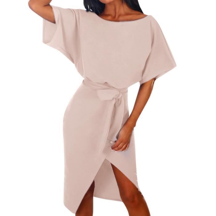 Femmes D Ete A Manches Courtes Robe Portefeuille Femme Ordinaire Cravate Wasit Slim Midi Robes Rose Rose Achat Vente Robe Cdiscount