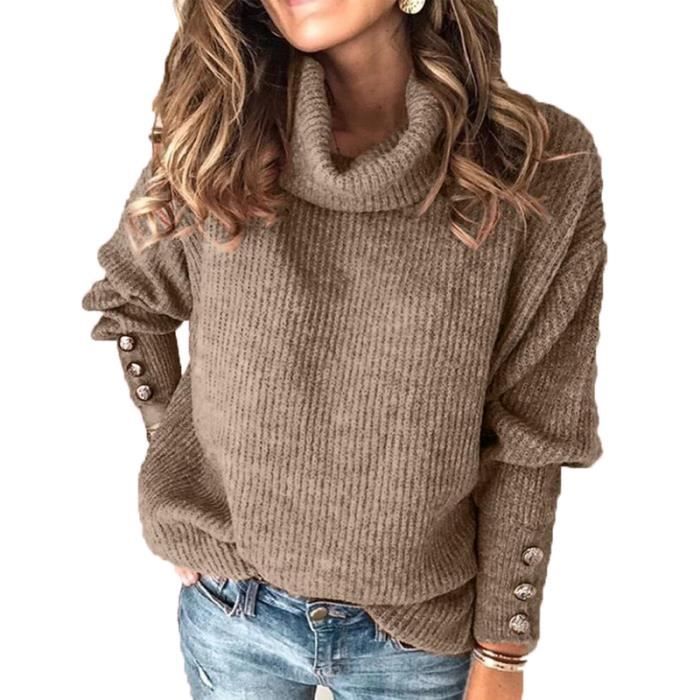 pull col montant Femme de Marque pull tendance Femme courte a manches longues pull hiver Chaud Femme Marron clair