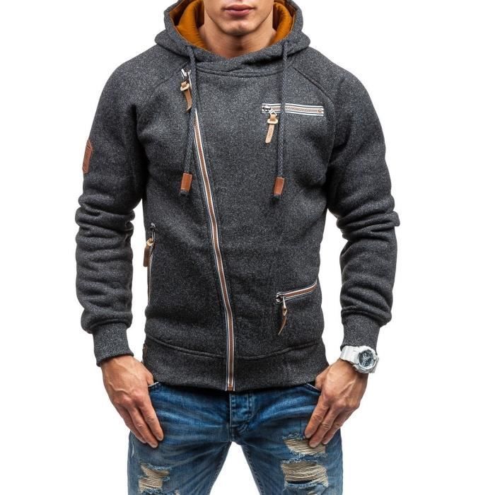 Sweat Capuche Homme Chic Zipp Hommes Veste Capuche SweatShirt Manche Longue Casual Hoodies Automne et Hiver Outwear Noir
