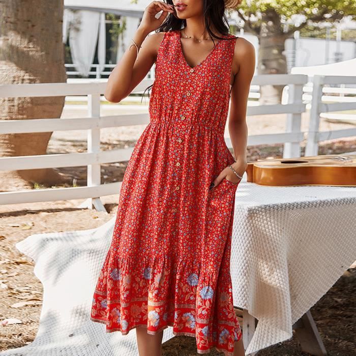 Robe D'été Femme Sans Manches – Col V, Imprimé Fleuri, Pour Plage, Vacances, Soirée Décontractée