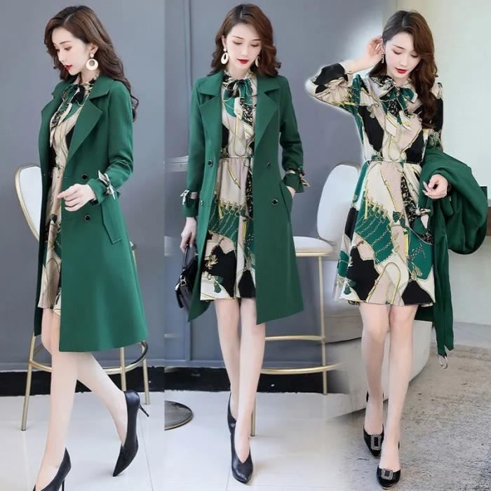 Robe Trench-Coat mi-long à la mode coréenne - green[E7549] Blanc ...
