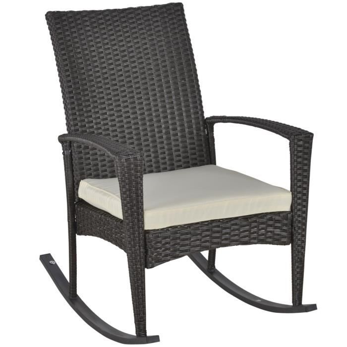 outsunny fauteuil à bascule rocking chair avec coussin d'assise déhoussable 66l x 88l x 98h cm résine tressée imitation rotin