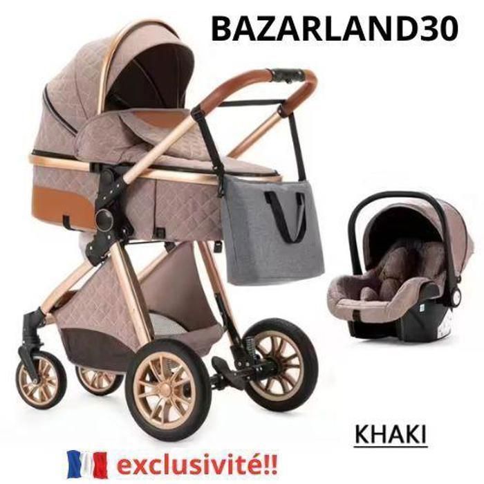 Poussette 3 en 1 Bébé Combinée Siège-Auto Nacelle Trio Réversible Réglable Haute Qualité Roues increvables Canne khaki.bazarland30