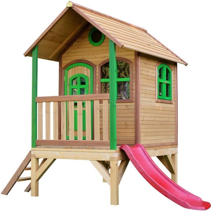 AXI Tom Maison Enfant avec Toboggan rouge | Aire de Jeux pour l'extérieur en marron & vert | Maisonnette / Cabane de Jeu en Bois