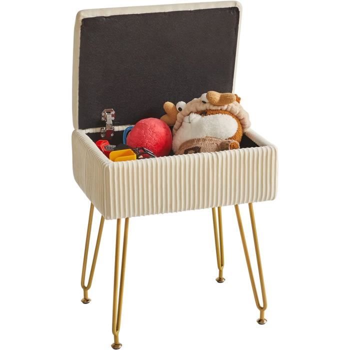 Tabouret De Coiffeuse/pouf De Rangement Rond En Velours - 34x34x44cm - Avec Plateau Réversible - Beige