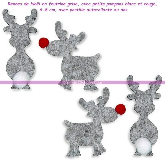 Rennes De Noël En Feutrine Grise Avec Petits Pompons Blanc