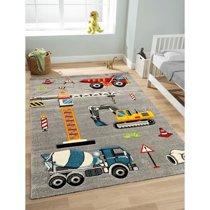 the carpet Monde Kids Tapis moderne doux pour enfant - Couleurs vives - chantier de construction, pelleteuse - 120 x 170 cm