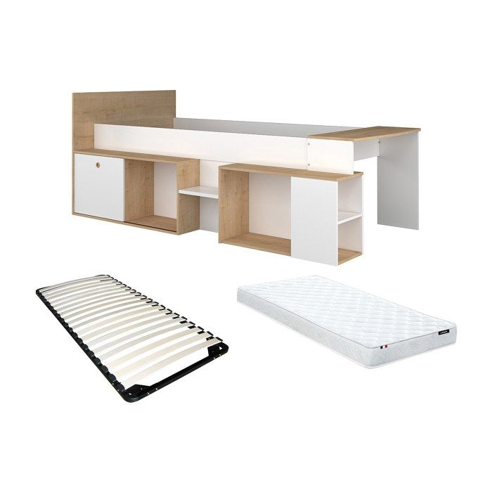 Lit combiné 90 x 200 cm avec bureau et rangements - Blanc et naturel + Sommier + Matelas - PALOMA Lit combiné 90 x 200 cm avec bureau et rangements - Blanc et naturel + Sommier + Matelas - PALOMA