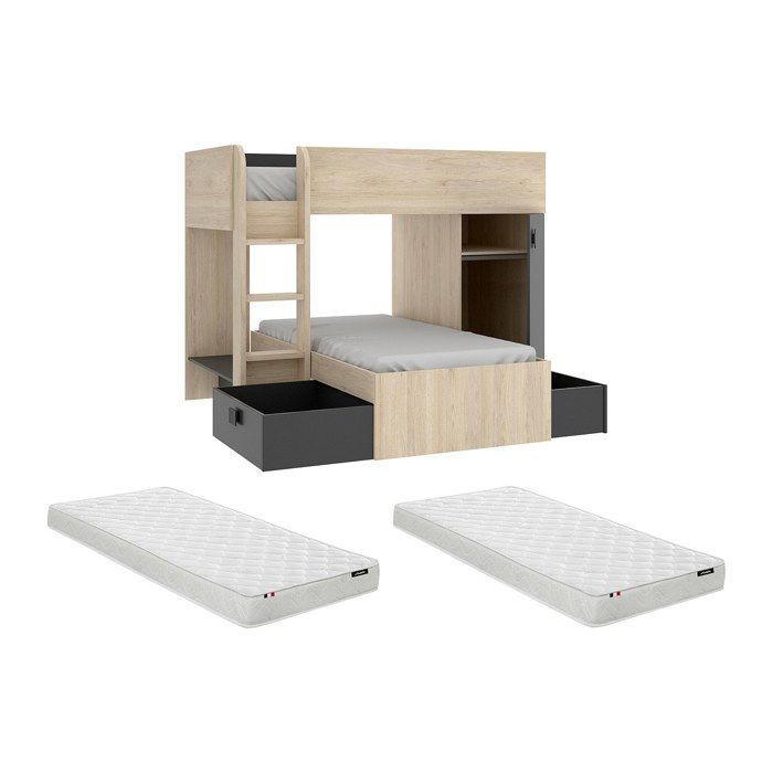Lits superposés dangle réversibles RICARDO - 2 x 90 x 190 cm - Rangements intégrés - Chêne et anthracite + matelas