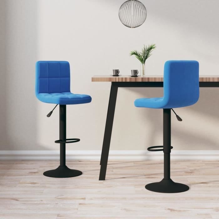Tabourets de bar - V GEBY - Lot de 2 - Bleu velours - Hauteur réglable - Pivotant 360°
