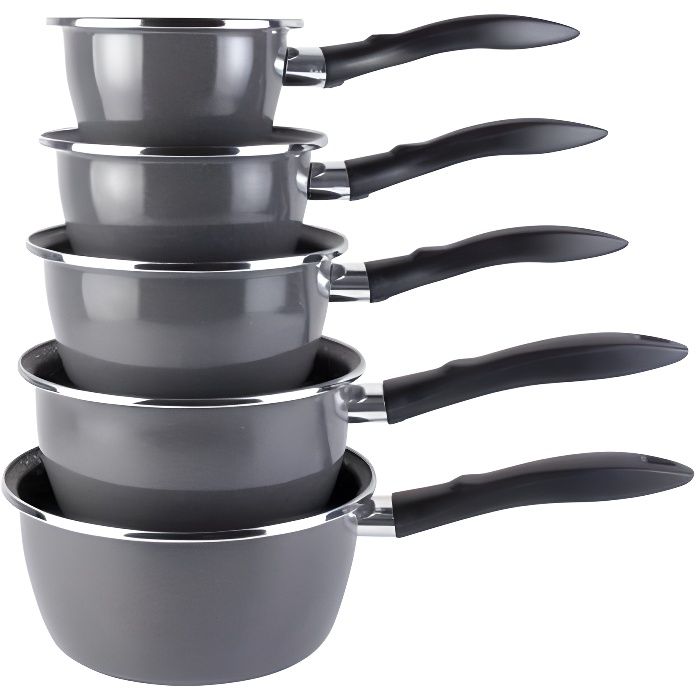Lot de 5 Casseroles VITRINOR en email NOIR GRIS intérieur façon pierre