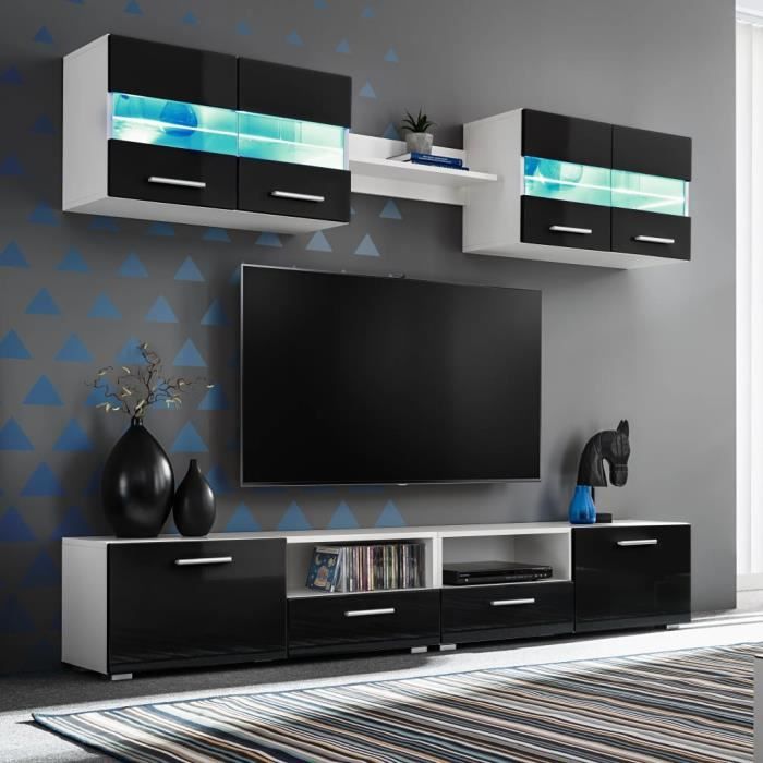 fhe - meubles - ensemble mural pour tv 5 pcs avec lumières led noir brillant - haute qualite - dx00200
