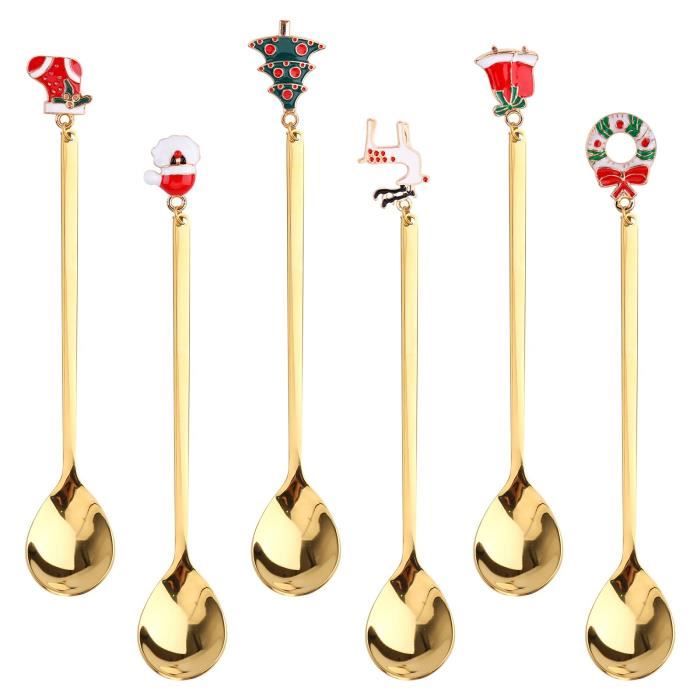 Lot de 4 cuillères de Noël fourchettes avec boîte en acier inoxydable - Cuillère à café avec pendentif de Noël