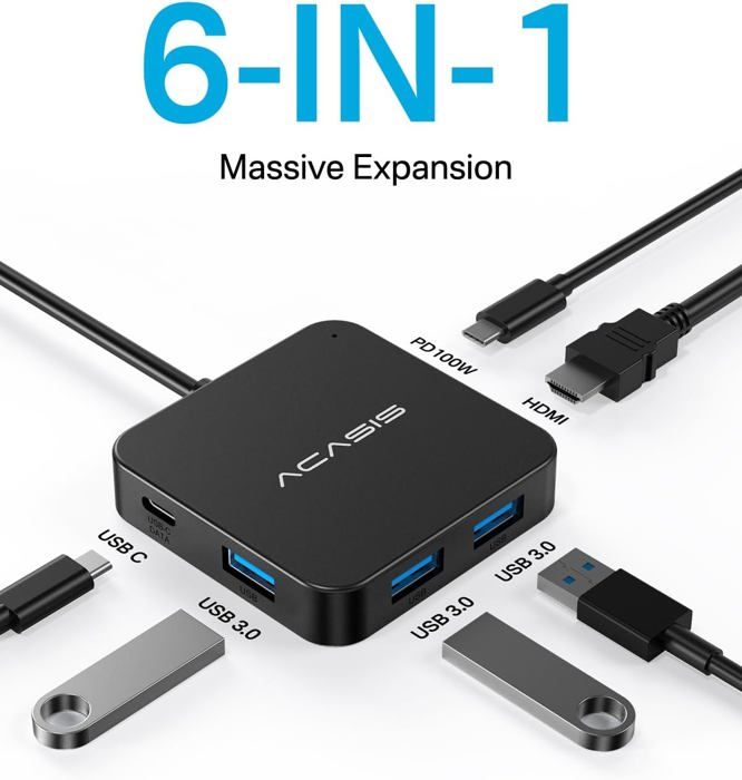 Hub USB-C 6-en-1 Vers HDMI - Adaptateur Multiport Avec Charge PD 100W, Ports USB - Longueur Câble 7m - Marque HP