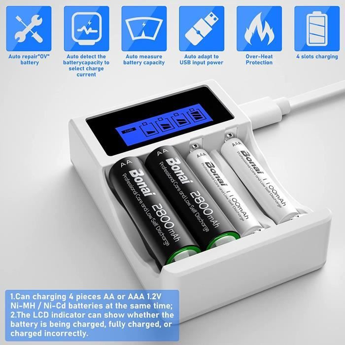 8 Slots Chargeur AA AAA Piles C D Batterie rechargeable, Chargeur de  batterie USB intelligent multifonction LCD - Cdiscount Bricolage