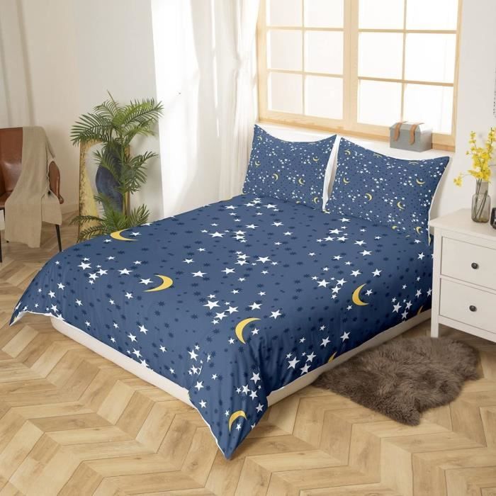 Housse De Couette 200x200 Cm Motif Nuages étoiles Lune - Microfibre Douce - Avec 2 Taies D'oreiller 65x65 Cm - Fermeture éclair Et Sangles - 11