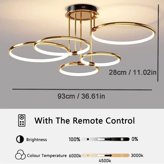 Lustre LED 5 Anneaux Doré 108W - Dimmable & Télécommande - Plafonnier Moderne Pour Salon, Chambre, Bureau