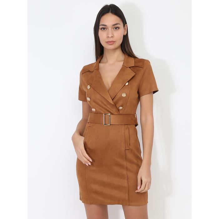 Robe blazer ceinturee en suedine Marque Modele Camel fonce Blanc Femme