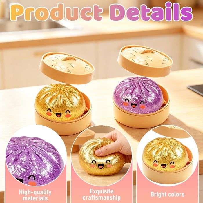 2 Squishies Raviolis Pailletés – Avec Panier Vapeur – Jouet Anti-stress TPR – Cadeau Sensoriel Pour Bureau, Fête