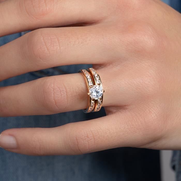 Bague double Anneaux Solitaire ZIRCONIUM Plaqué or 18 CARATS