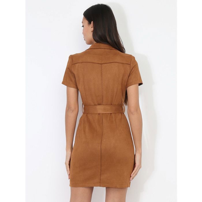 Robe blazer ceinturee en suedine Marque Modele Camel fonce Blanc Femme