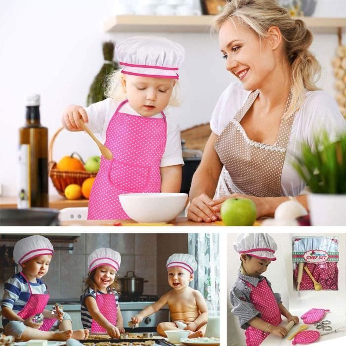 Ensemble Cuisine Enfant – Tablier, Chapeau, Ustensiles En Bois Et Fer – Jeu De Rôle Pâtisserie – Cadeau Pour Filles Et Garçons Dès 3 Ans (bleu)