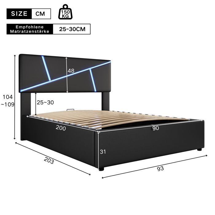 Lit Rembourré Avec Rangement Hydraulique KOMHTOM - USB/Type-C - LED RGB - 90x200cm - Noir