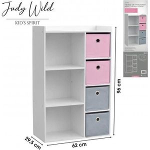 ARMOIRE DE CHAMBRE Meuble Armoire de rangement enfant 3 Niches avec 4 tiroirs intissés Rose et Gris Judy Wild - L.62 x l.29.5 x H.96 cm