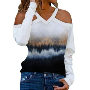 T-SHIRT Les hauts d'épaule pour les femmes Sexy impression numérique 3D T-Shirt à manches longues printemps mince col en V pull tuniq Blanc