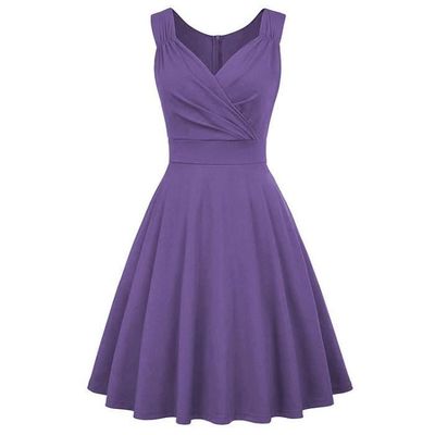 Robe Cocktail Femme Sans Manches Col V Robe de Soirée Vintage Evasée Mi-longue Couleur Unie - Bleu marine Bleu marine - Prêt-à-Porter
