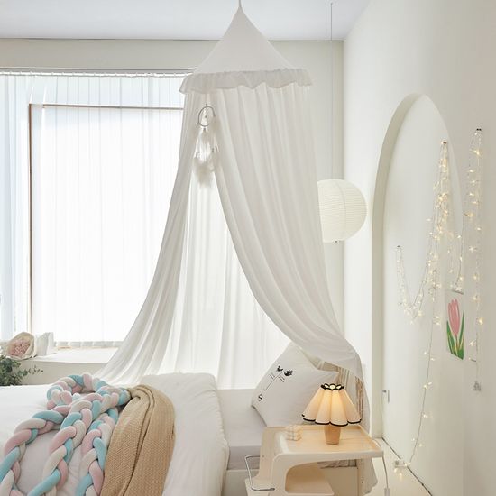Ciel De Lit Beige Crème Enfant - Baldaquin Rond Moustiquaire Pour Berceau, Lit Bébé Et Coin Lecture