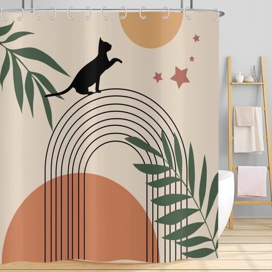ASDCXZ Rideau de Douche Boho 180x180 cm, Art Abstrait Moderne Style Boho Soleil Lune Feuilles Beige Lavables Textile Rideau Douche imperméable pour Baignoire avec 12 Crochets