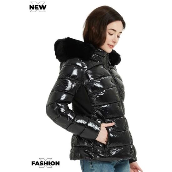 Doudoune femme brillante noire - Manches longues - Capuche fourrure amovible Noir - Cdiscount 