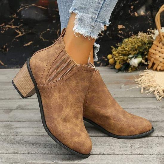 Bottine Femme Similicuir Boots Femme Mode Talon Carre Bottes Femme Bout Rond Marron Marron Cdiscount Chaussures
