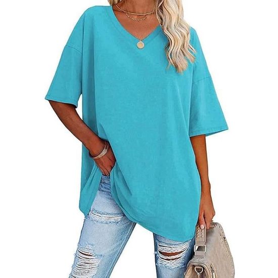 T-shirt Femme Col V Manches Courtes - Coupe Ample, élastique, Léger (basique Décontracté été) - 12