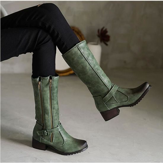 Bottes femme talons bas en cuir nubuck Belles bottes HU Vert