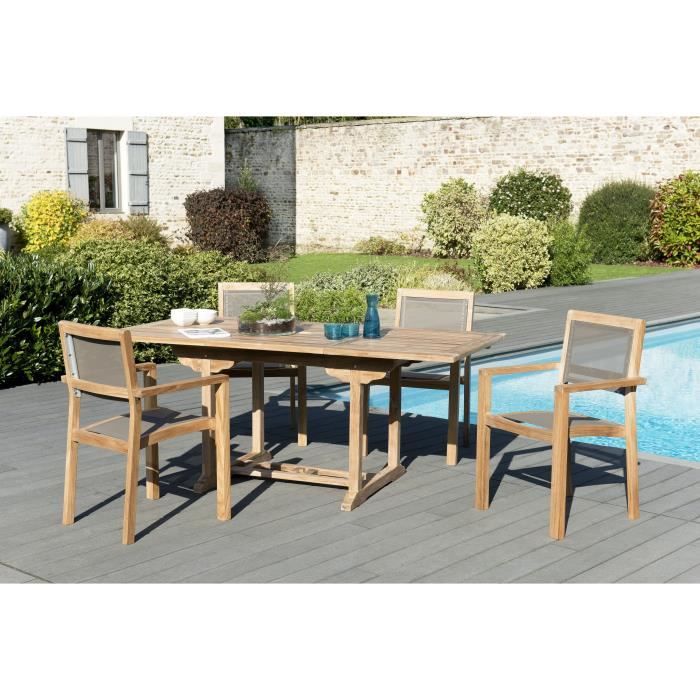Ensemble de jardin en teck : 1 table rectangulaire 120 / 180 x 90cm - 2 lots de 2 fauteuils empilables en textilène, couleur taupe J