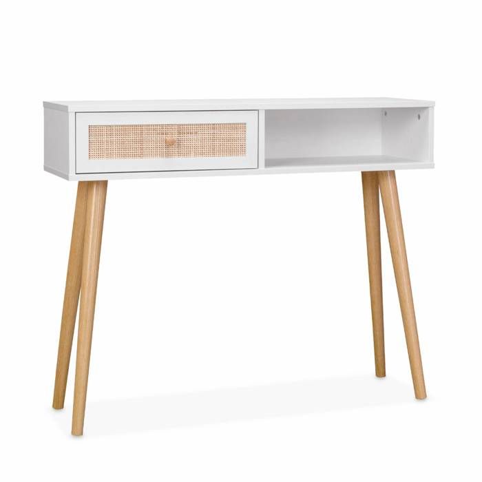 Console en cannage 100x29x81cm - Bohème - Blanc. 1 tiroir.1 espace de rangement. pieds scandinaves décor bois. 1 poignée