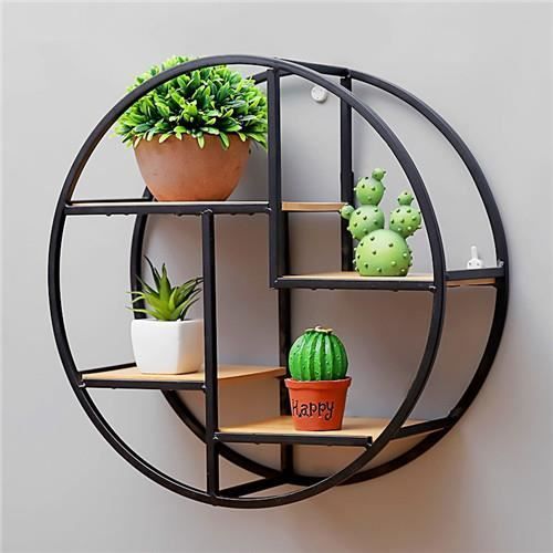 JIN Étagère murale ronde en bois et métal-Noir