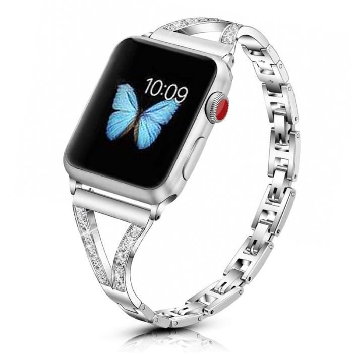 38mm-40mm-41mm argent Bandes Bling pour Apple iWatch Series7 6 5 4 3 2 1 SE Bande en métal en acier inoxydable