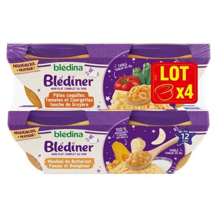 Blédina Blediner - Pâtes Coquilles : Tomates, courgettes gruyère - Mouliné de Butternut Panais - Dès 12 mois - 4 x 200 g