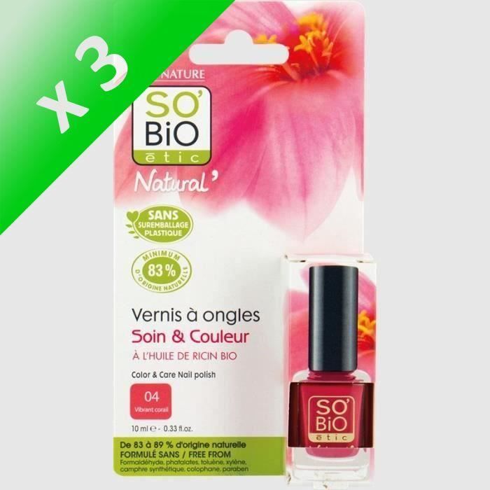 SO'BiO ETIC Vernis à ongles à l'huile de ricin Bio - Corail vibrant - 10 ml (Lot de 3)